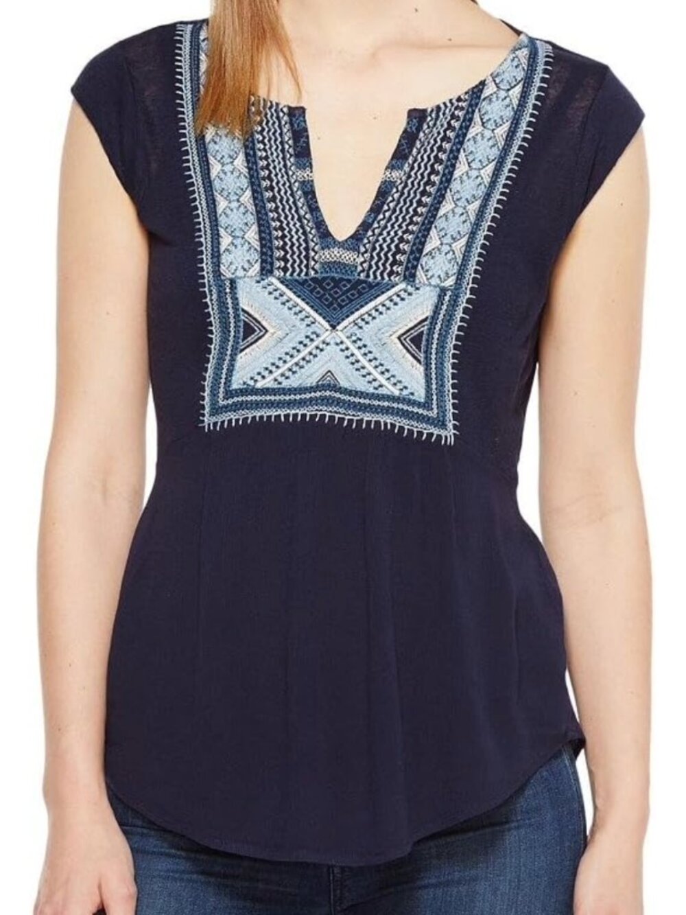 LUCKY BRAND Navy Blue Embroidered Cap Sleeve V-Neck Bib Tank Sz L